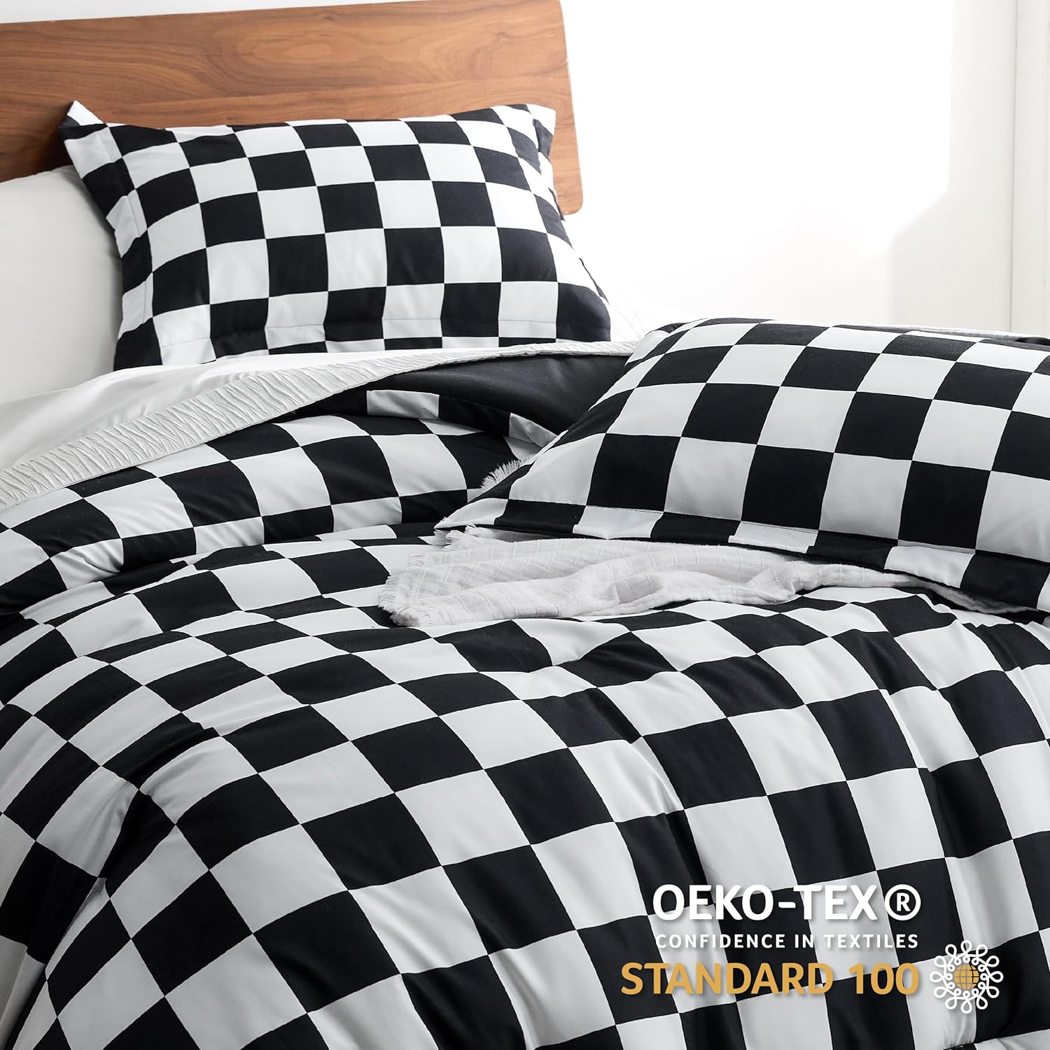 Comforter Set Queen Size - Checkered Bedding Comforter Set for Boys, 3 Pieces, 1 Soft Black Comforter and 2 Pillow Shams